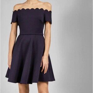 TED BAKER Bardot Scallop Off-The-Shoulder Crepe Skater Dress - Dark Blue